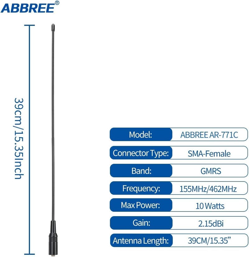 ABBREE AR-771C GMRS (462-467MHz) Antenna 15.3inch Whip Antenna SMA-Female for Baofeng UV-5R GMRS GM-15Pro GM-5RH UV-5G Plus TD-H3 UV-9G TD-H5 GMRS Radios,2Pack (Black) - Image 3